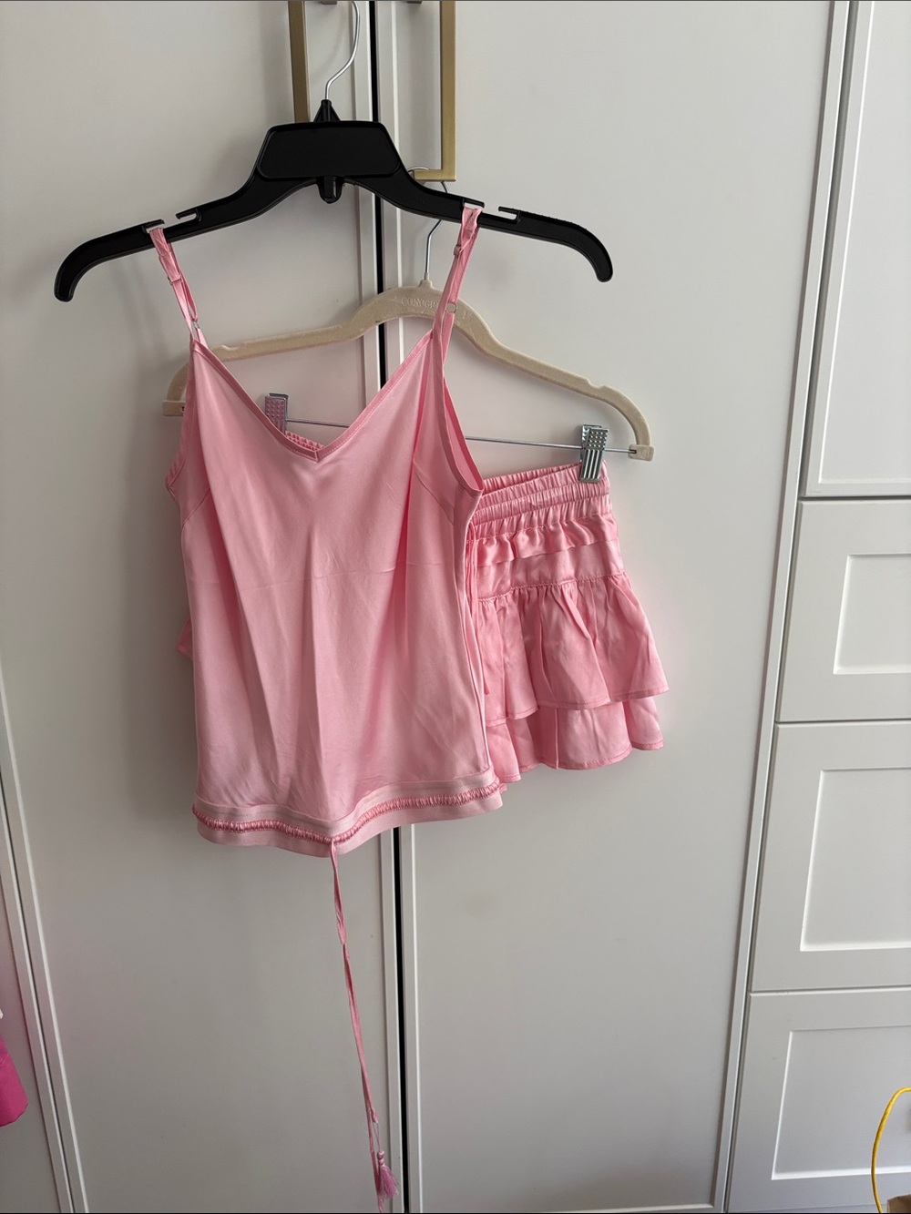 Ladies Pink Ruffled Two-Piece Pajama Set - Camisole & Shorts